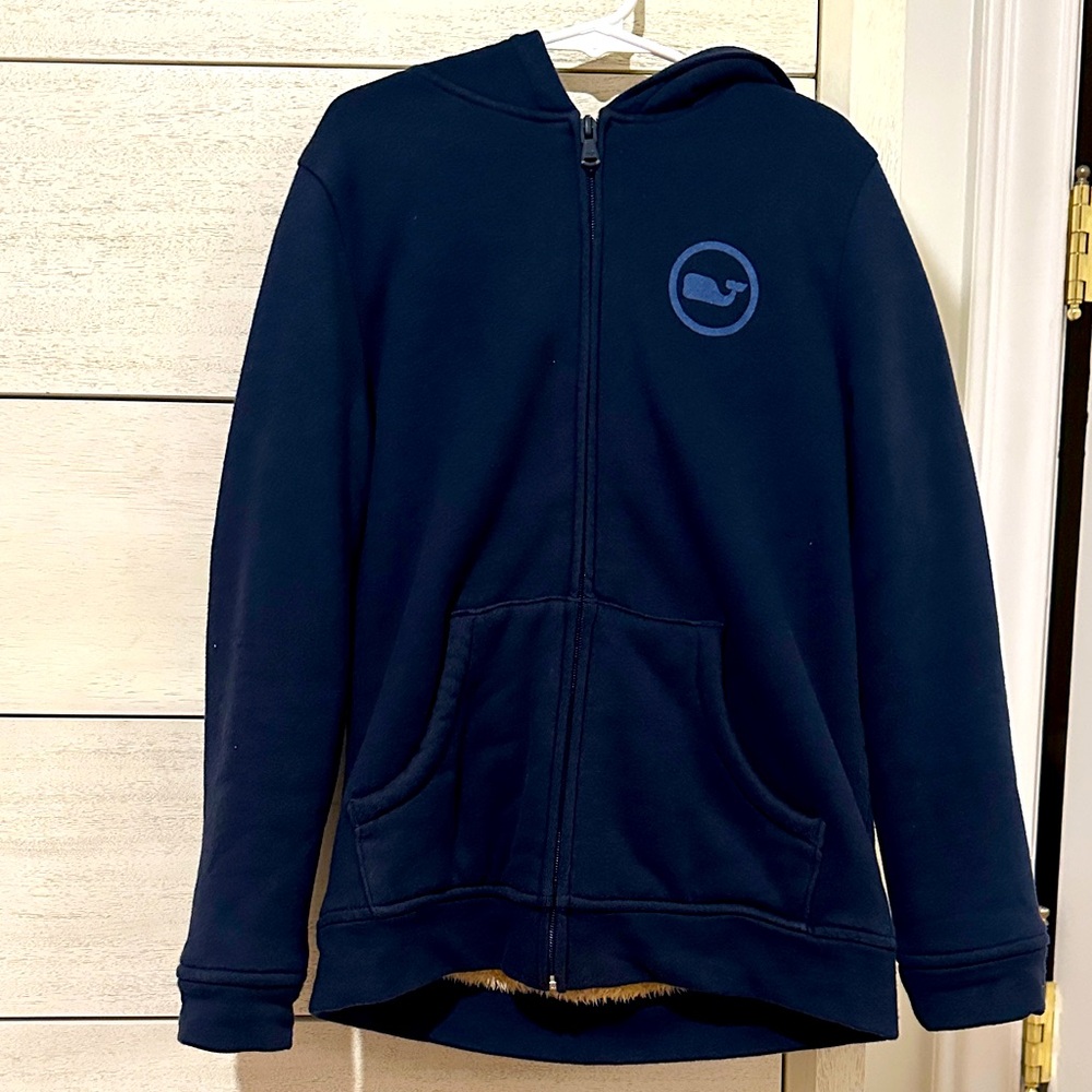 EUC! Vineyard Vines Blue Kids Hoodie with soft Sherpa-like lining and whale logo